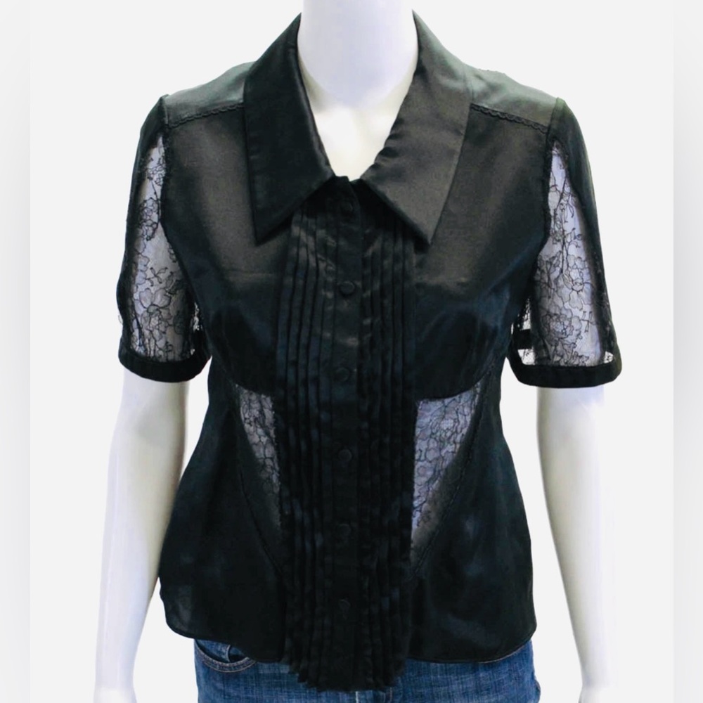 Valentino Womens Black Satin Lace Trim Pleated Short Sleeve Blouse Top Size S